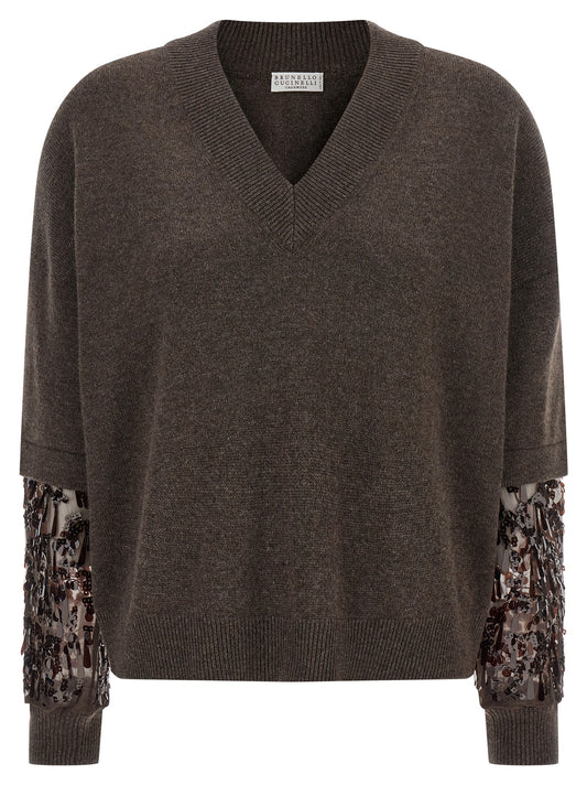 Brunello Cucinelli Sequin Sleeve Cashmere Sweater