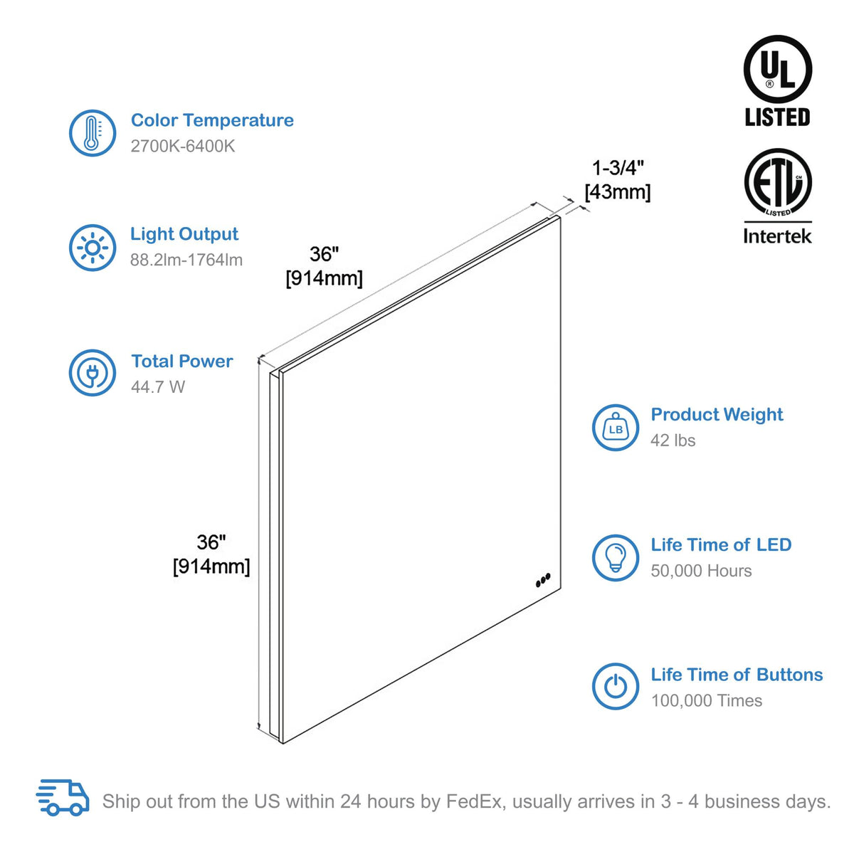Blossom Beta 36″x36″ LED Mirror with Frosted Sides - LED M2 3636