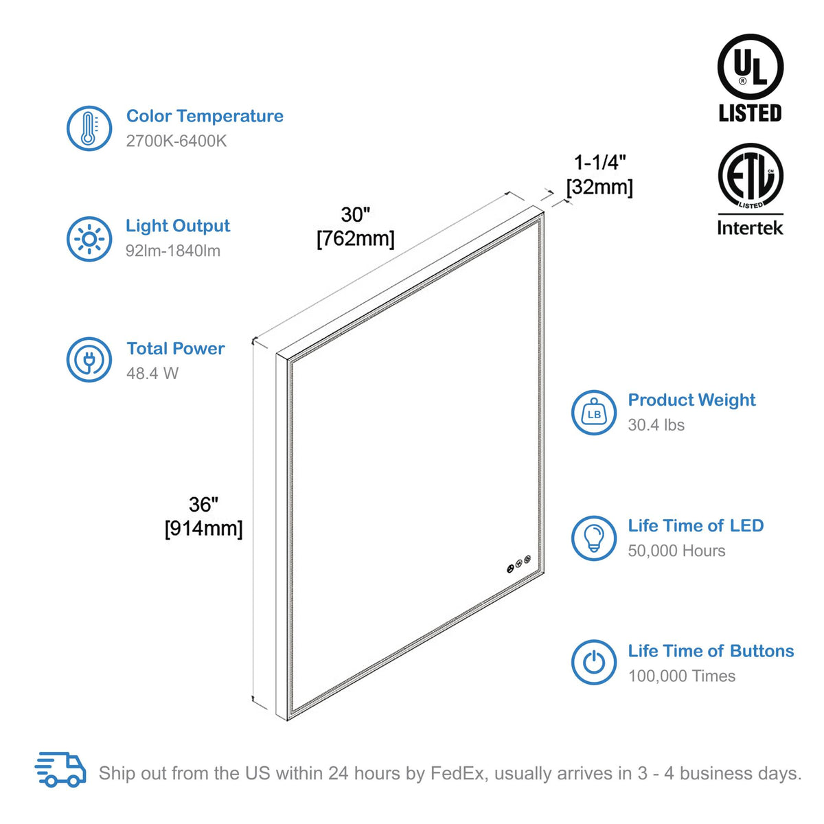 Blossom Stellar 30 Inch LED Mirror - LED M4 3036 MB