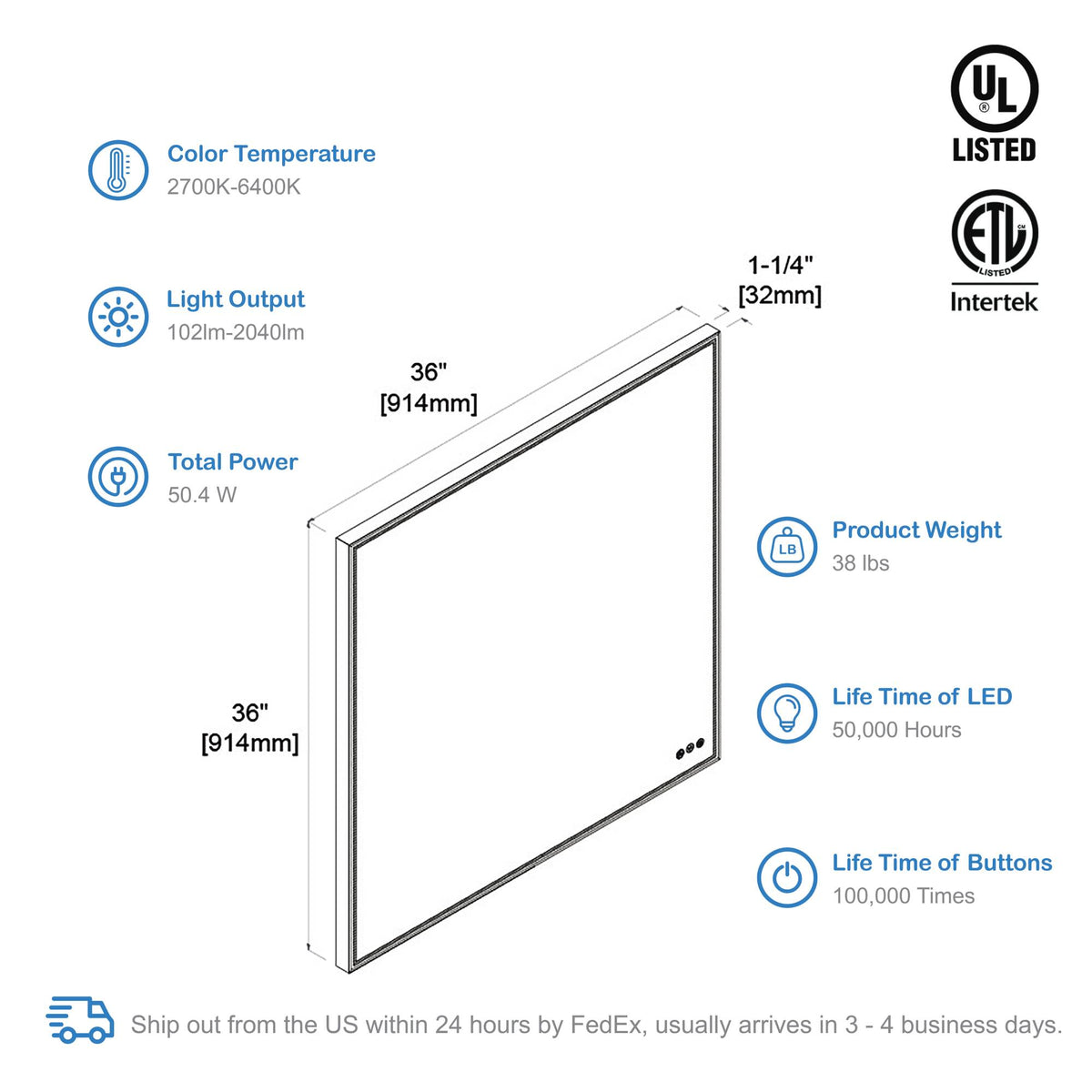 Blossom Stellar 36 Inch LED Mirror - LED M4 3636 MB