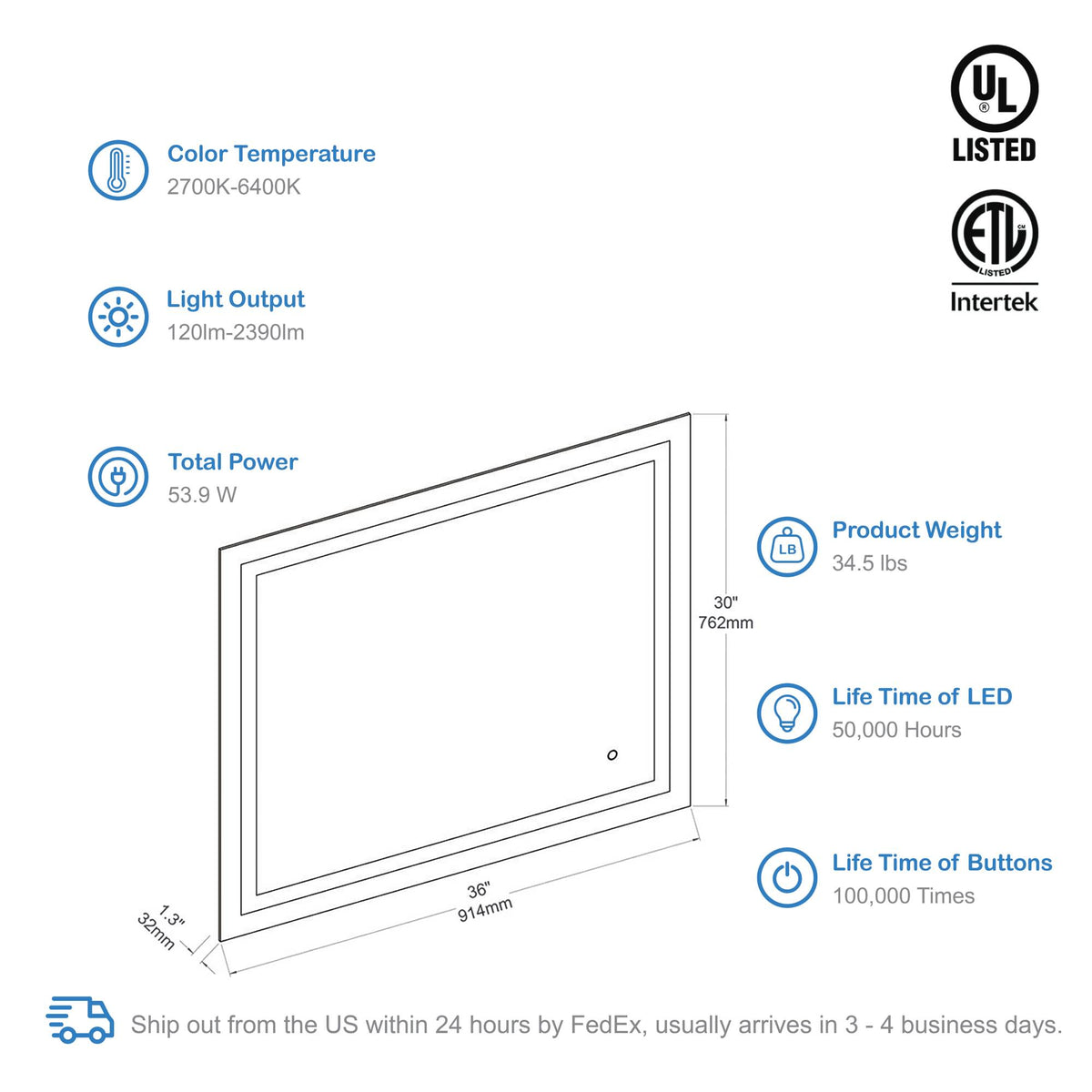 Blossom Lyra 36 x 30 Inch LED Mirror - LED M8 3630