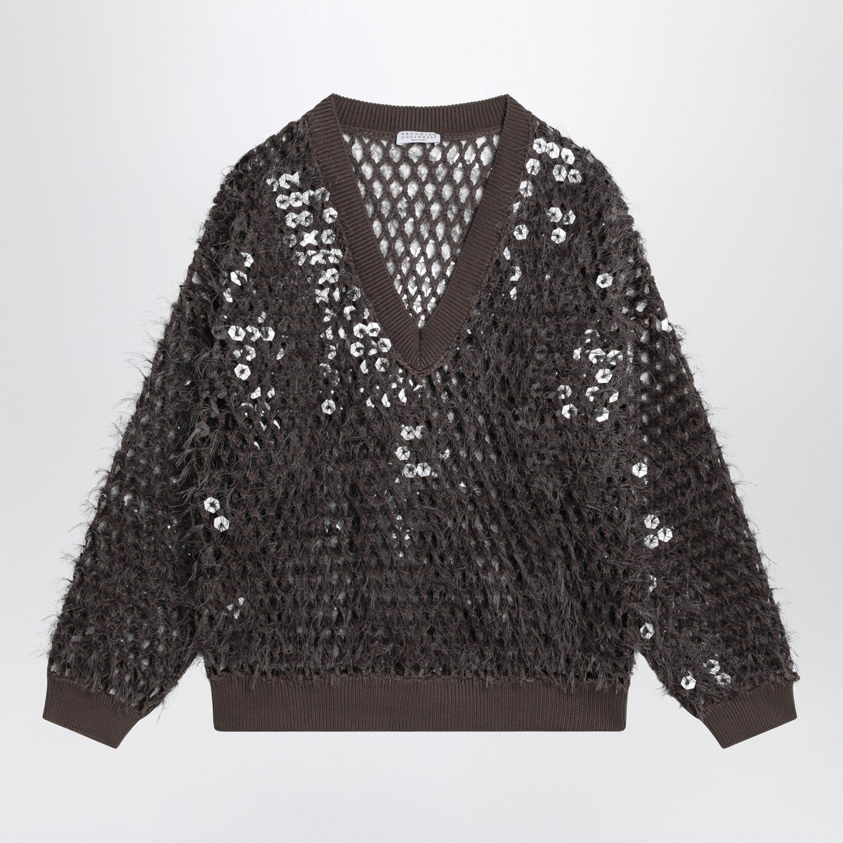 Brunello Cucinelli Chocolate mesh top with sequins