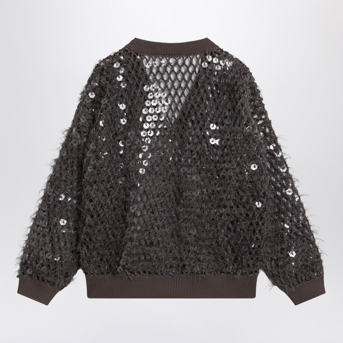 Brunello Cucinelli Chocolate mesh top with sequins