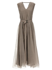 Brunello Cucinelli Silk Dress — Elegant Beige Pleated