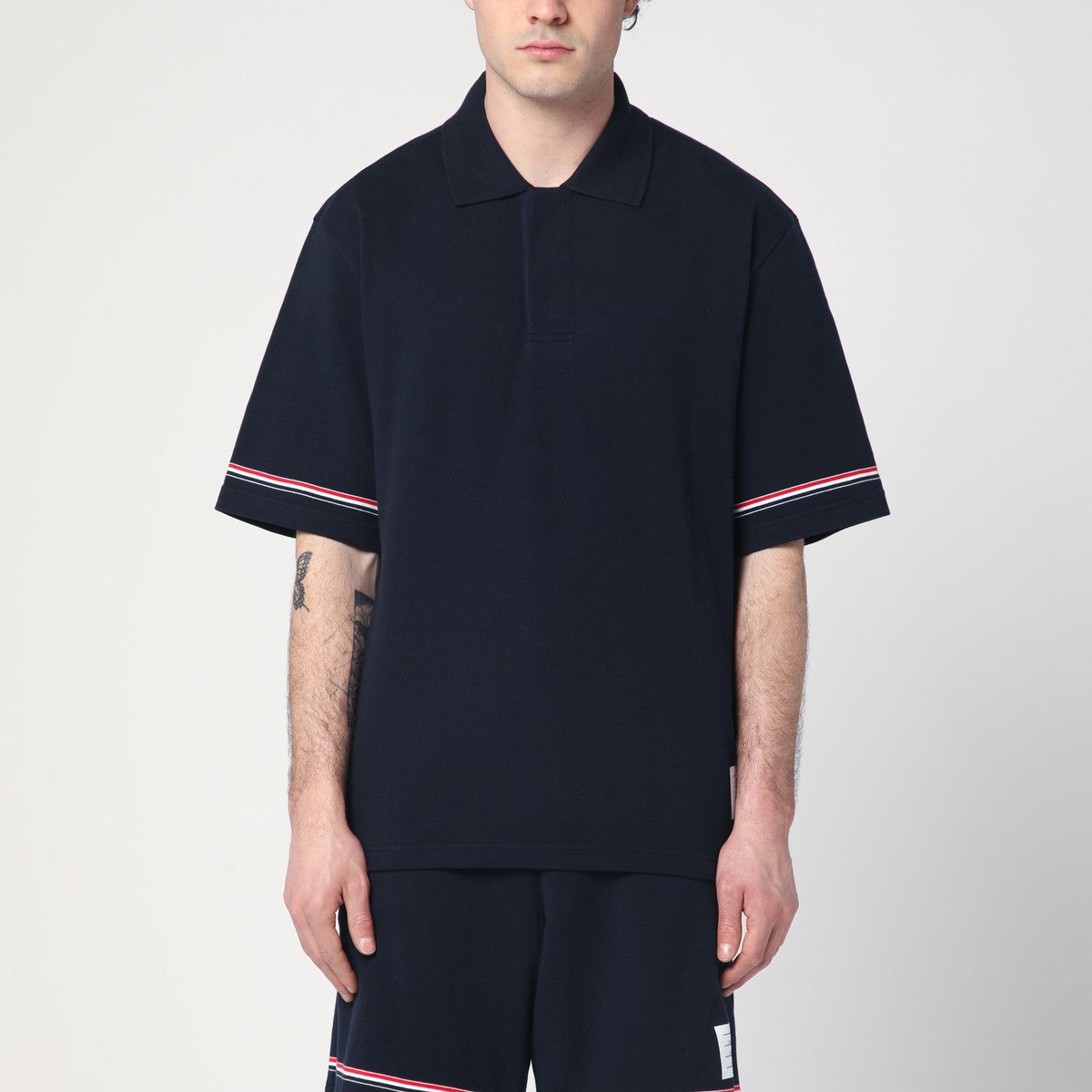 Thom Browne Navy blue polo shirt with tricolour detail