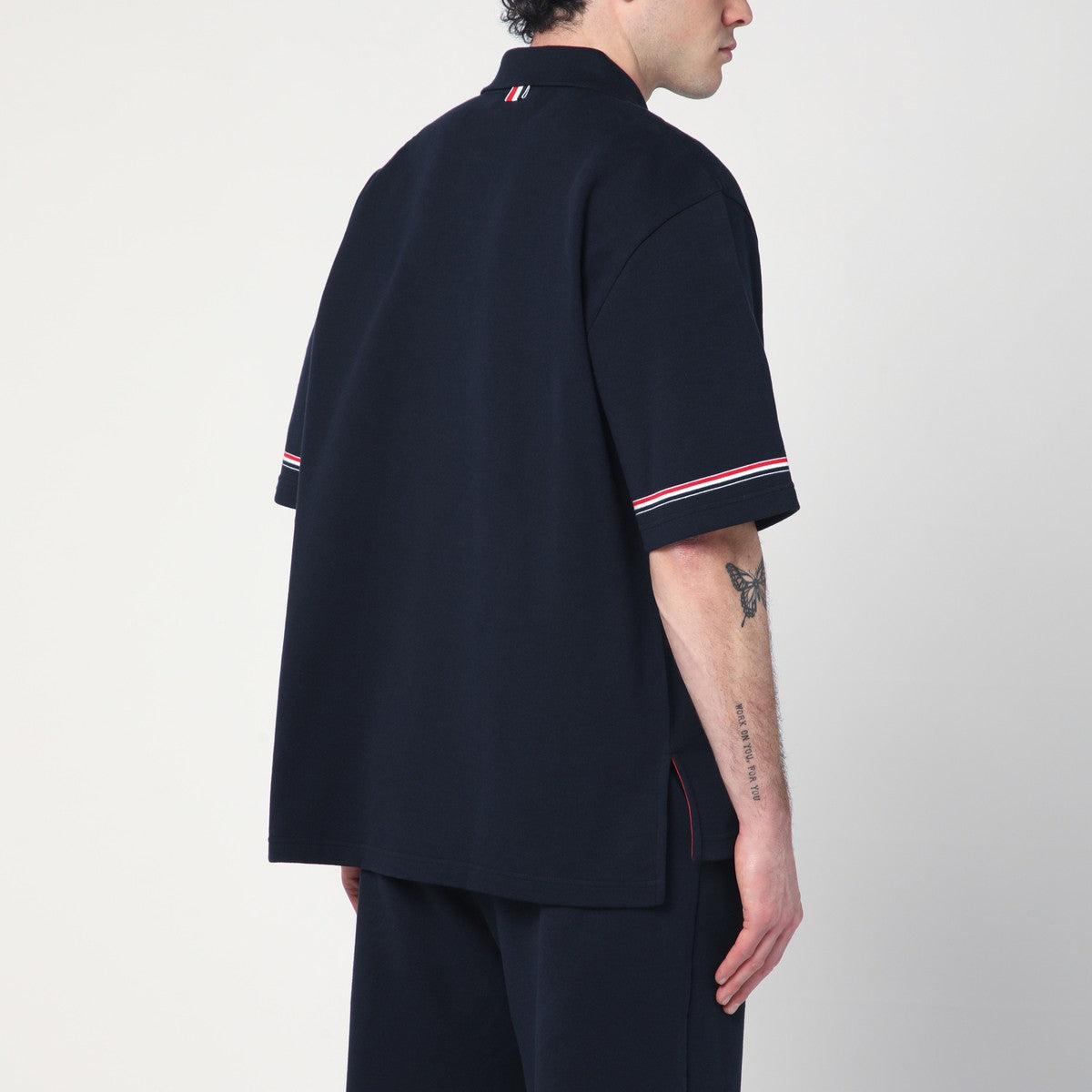 Thom Browne Navy blue polo shirt with tricolour detail