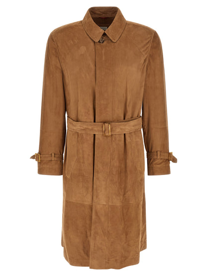 Brunello Cucinelli Suede Trench Coat for Men — Beige Jacket