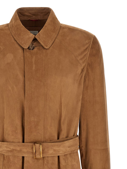 Brunello Cucinelli Suede Trench Coat for Men — Beige Jacket