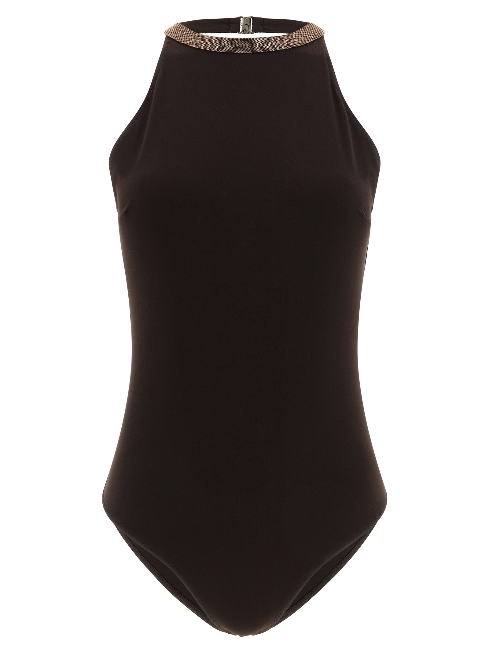 Brunello Cucinelli One‑Piece Swimsuit — Precious Collar, Brown