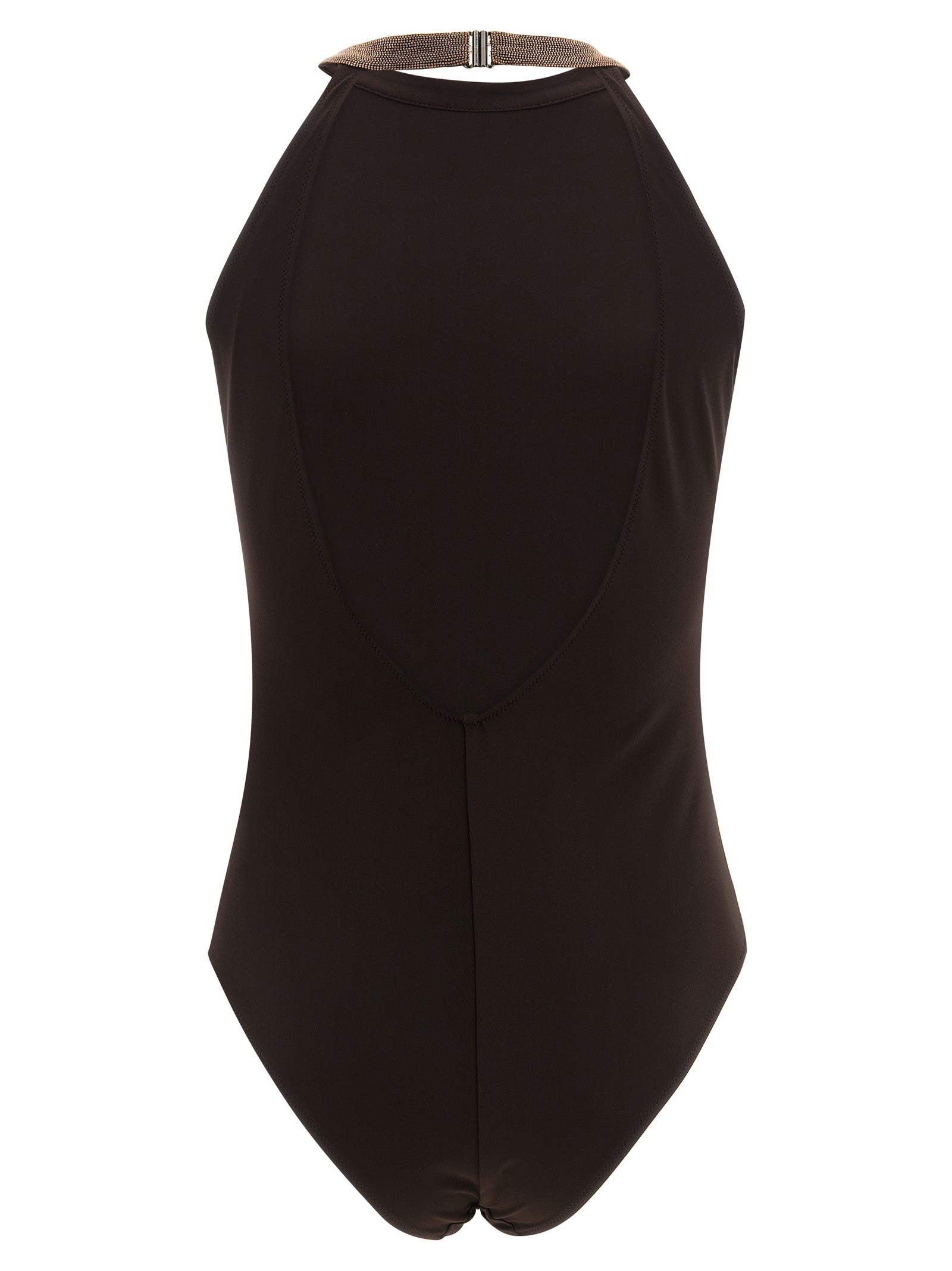 Brunello Cucinelli One‑Piece Swimsuit — Precious Collar, Brown
