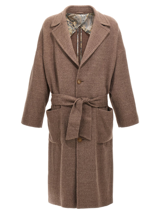 Etro Beige Wool Coat for Men — Single‑Breasted, Belted