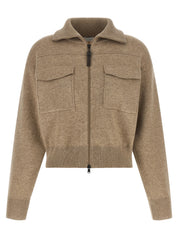 Brunello Cucinelli Shiny Zipper Pull Wool Cardigan