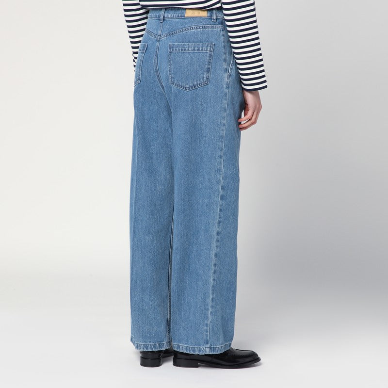 Maison Kitsuné Wide pleated blue jeans in cotton denim
