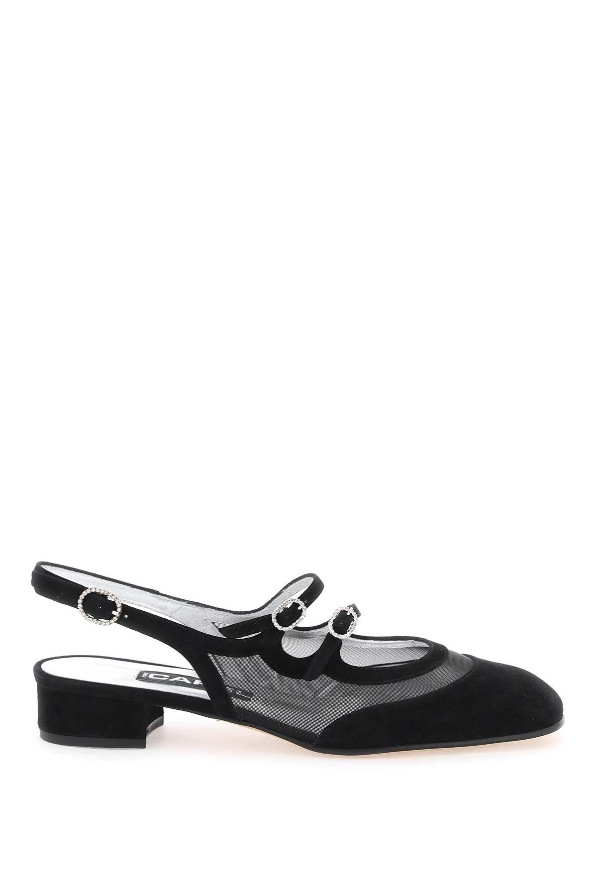 Alt Tag: Carel black Mary Jane slingback with crystal buckles and suede trim.