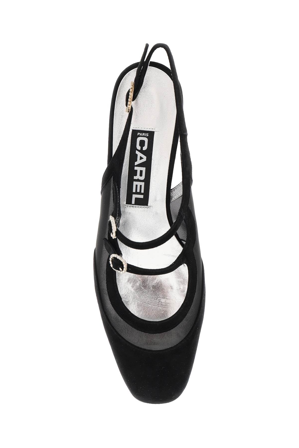 Alt Tag: Carel Pêche Night Mary Jane slingback with suede trim and crystal buckles.