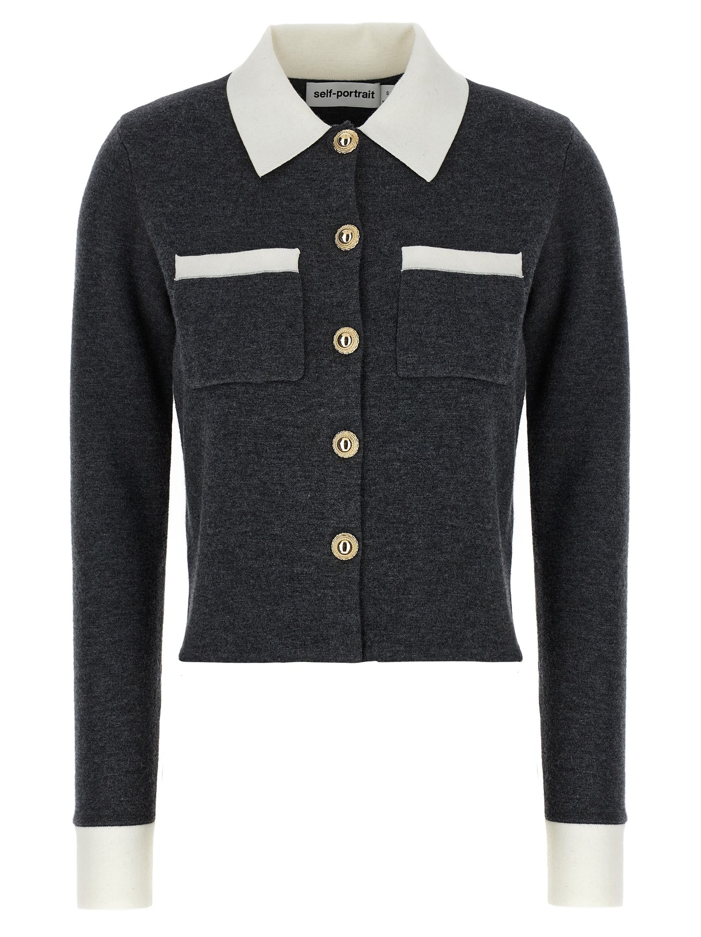 Self-Portrait Grey Contrast Collar Cardigan — Knitwear
