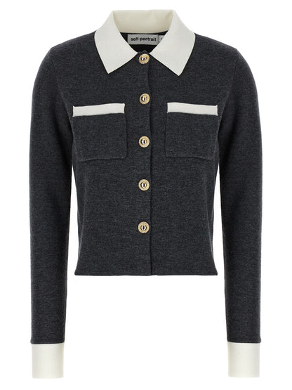 Self-Portrait Grey Contrast Collar Cardigan — Knitwear