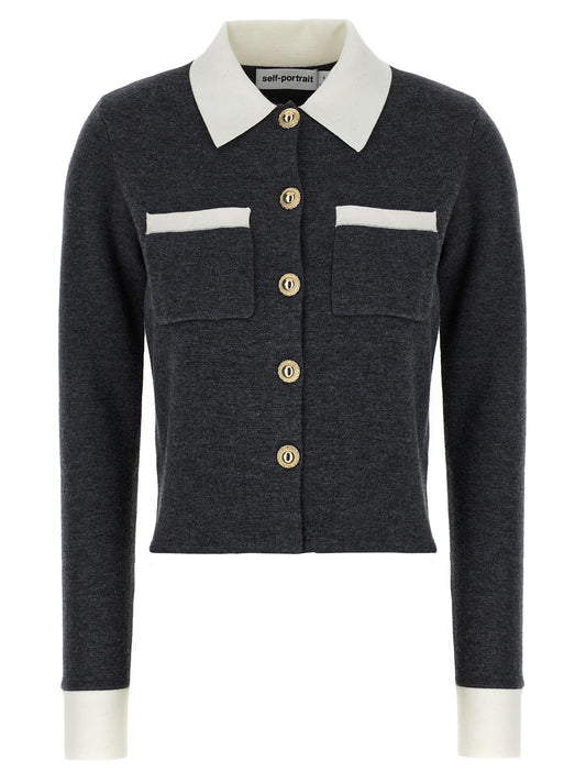 Self-Portrait Grey Contrast Collar Cardigan — Knitwear