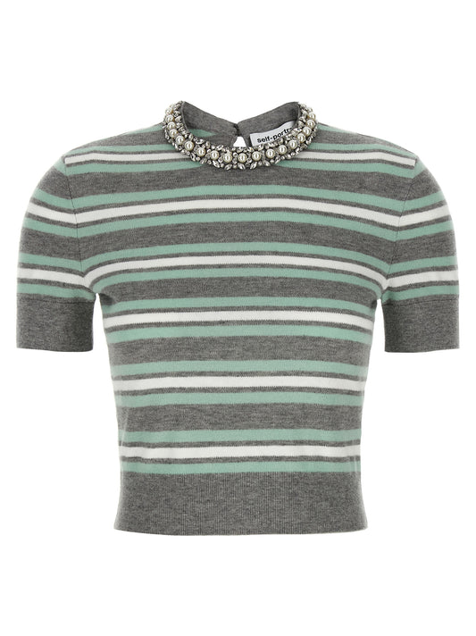 Self-Portrait Grey Striped Crystal Trim Knit Sweater