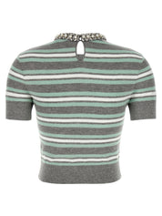 Self-Portrait Self Portrait Grey Striped Crystal Trim Knit Sweater