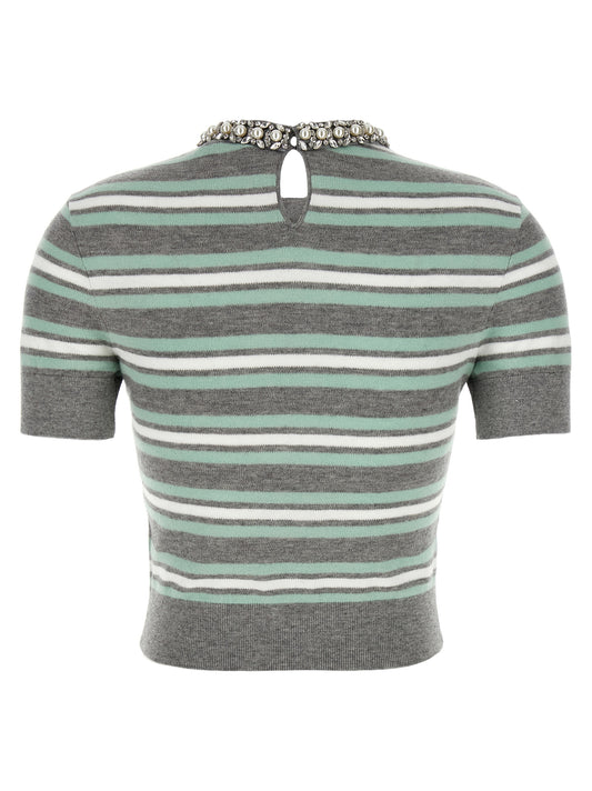 Self-Portrait Grey Striped Crystal Trim Knit Sweater