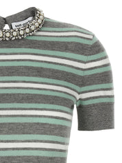Self-Portrait Self Portrait Grey Striped Crystal Trim Knit Sweater