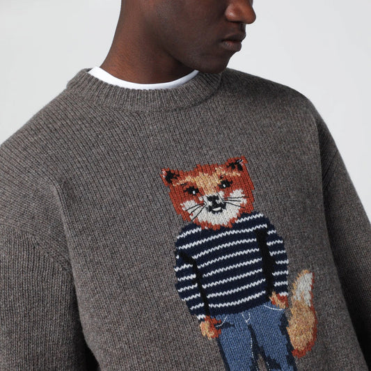 Maison Kitsuné Grey mélange sweater with Dressed Fox intarsia