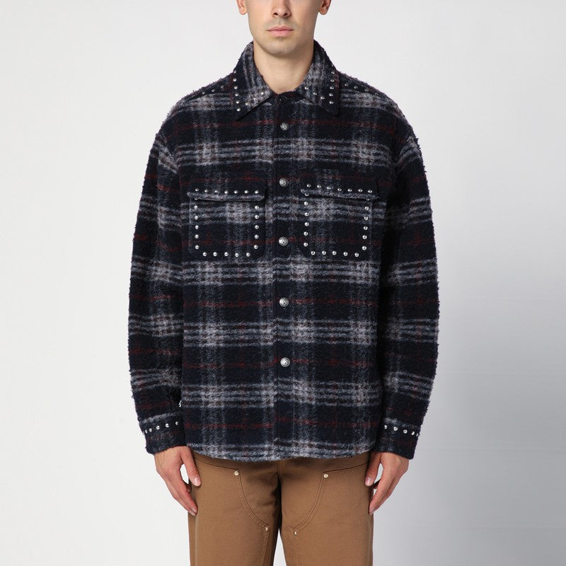 Palm Angels Overshirt in navy check wool with studs