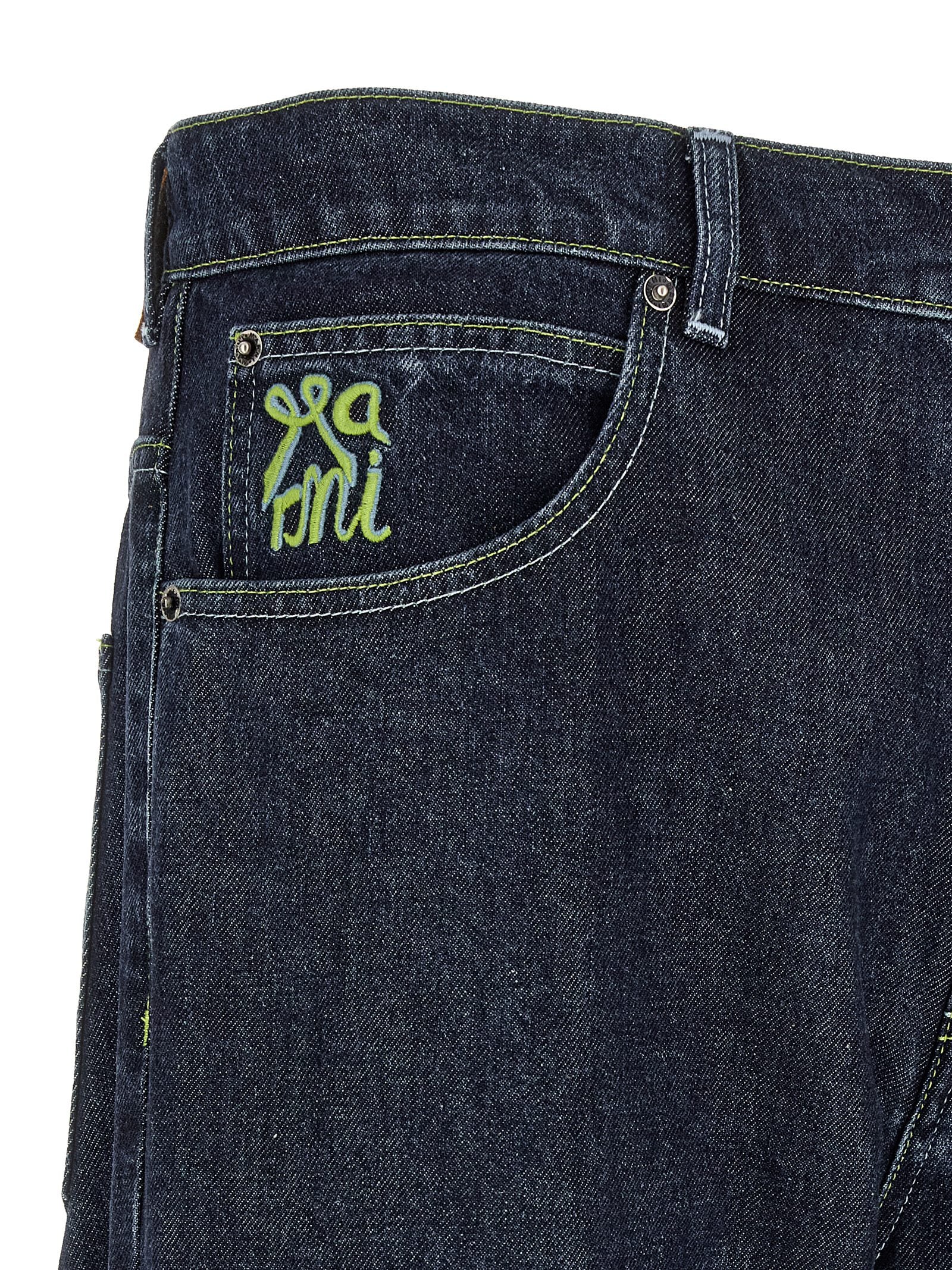 Marni Men’s Logo Embroidery Jeans — Blue Wide Leg