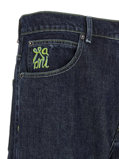 Marni Men’s Logo Embroidery Jeans — Blue Wide Leg