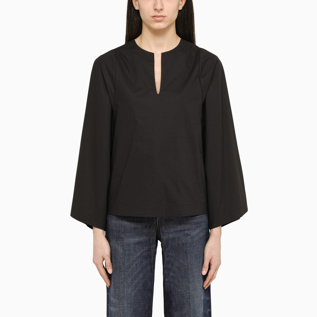 By Malene Birger Wide black blouse in cotton poplin