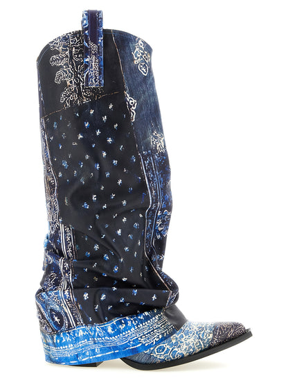 R13 Mid Cowboy Boots — Blue Leather Bandana Print