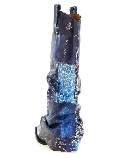 R13 Mid Cowboy Boots — Blue Leather Bandana Print