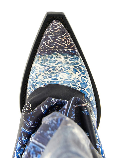 R13 Mid Cowboy Boots — Blue Leather Bandana Print