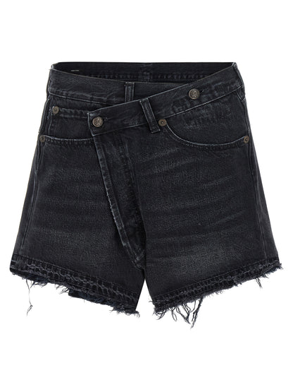 R13 Cross Over Shorts — Black Denim Short Trousers