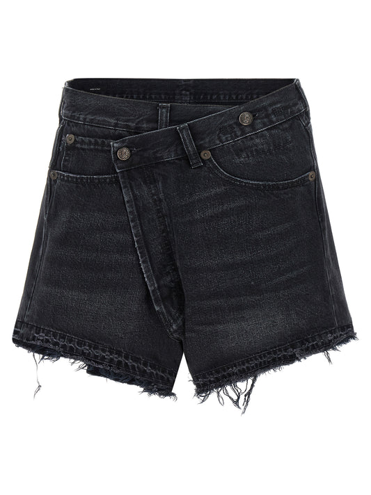 R13 Cross Over Shorts — Black Denim Short Trousers