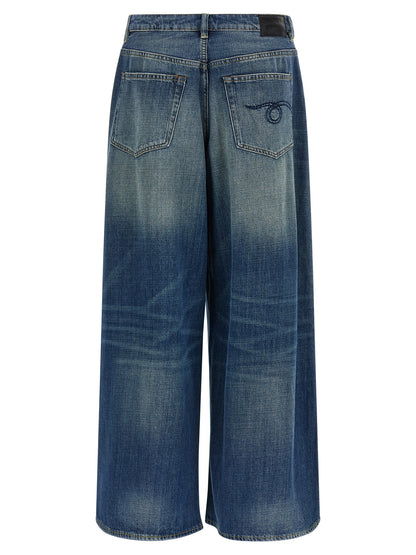 R13 Nico Wrap Jeans — Wide Leg Stone-Wash Denim