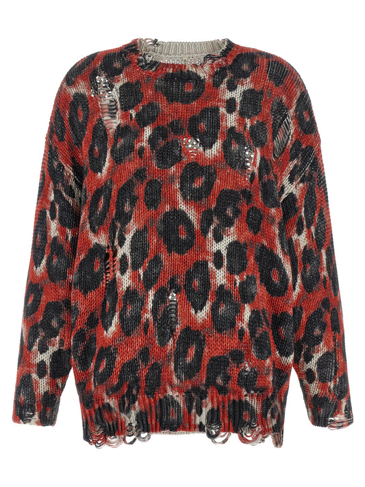R13 Torn Sweater Knitwear — Red Oversized Crew