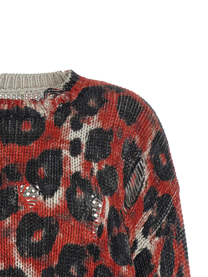 R13 Torn Sweater Knitwear — Red Oversized Crew