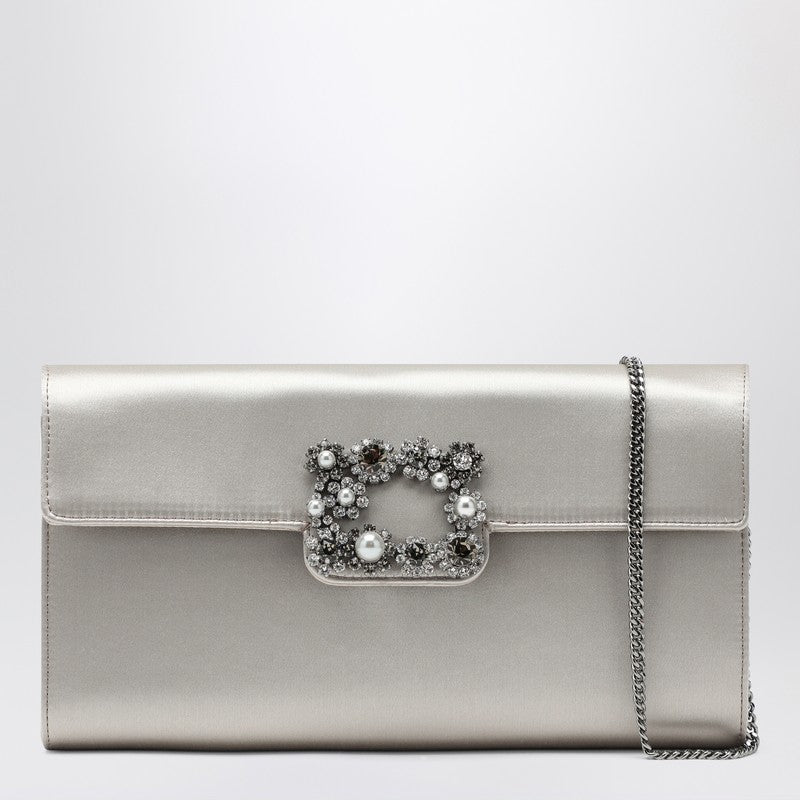 Pearl Grey Satin Clutch Bag with Buckle — Roger Vivier