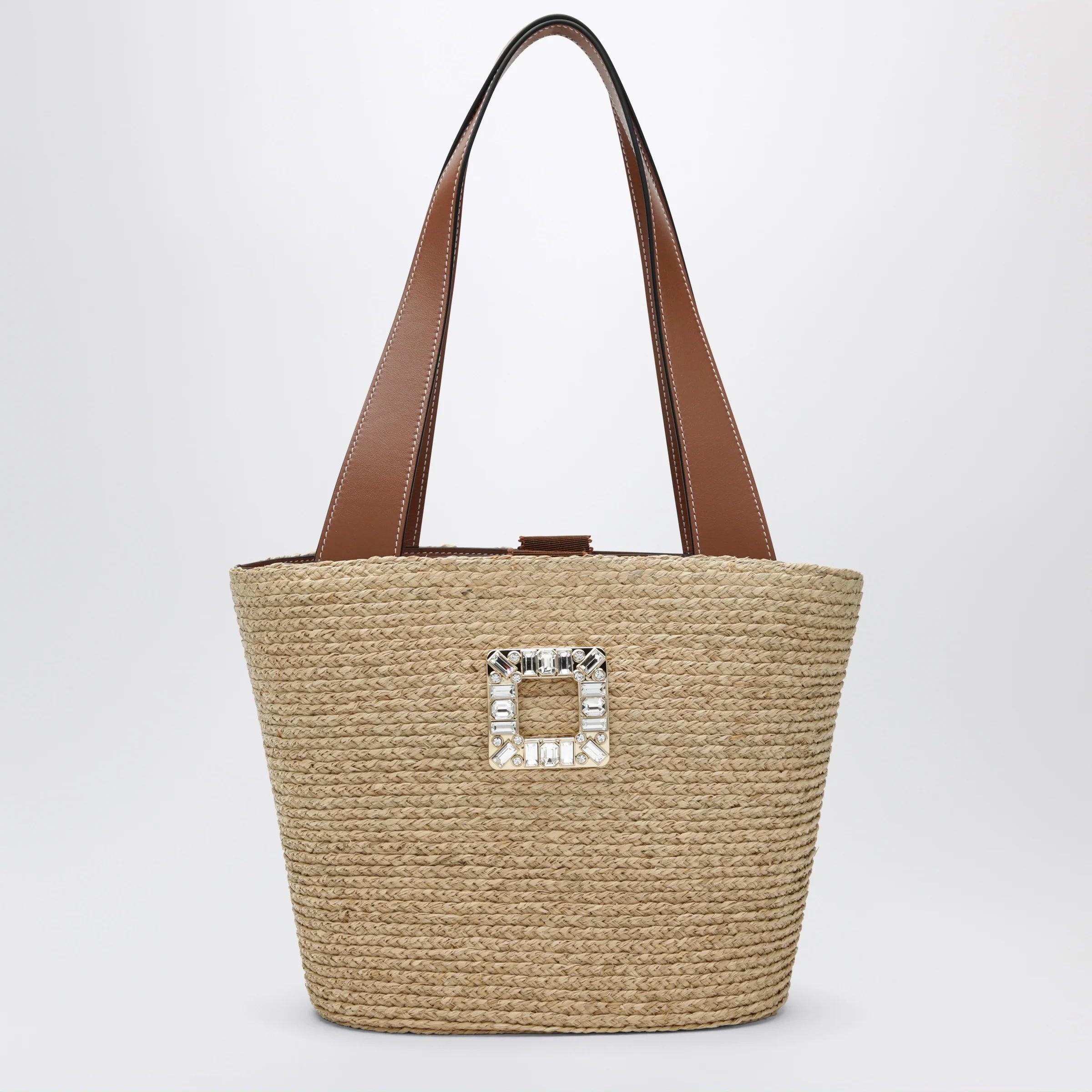 Roger Vivier Viv' Skate Shoulder Bag in Beige Raffia