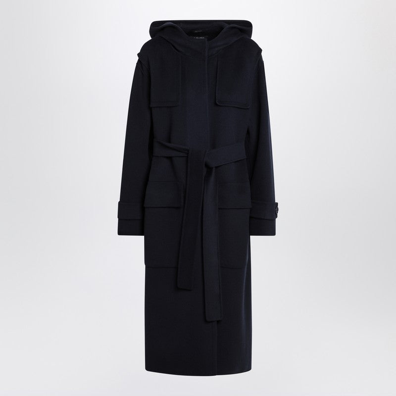 Manteau bleu S Max Mara avec double ceinture en laine vierge