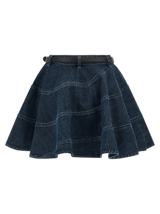 Self Portrait Flared Denim Mini Skirt — Blue, Slim Fit