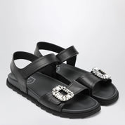 ROGER VIVIER Black leather sandals with crystal buckle