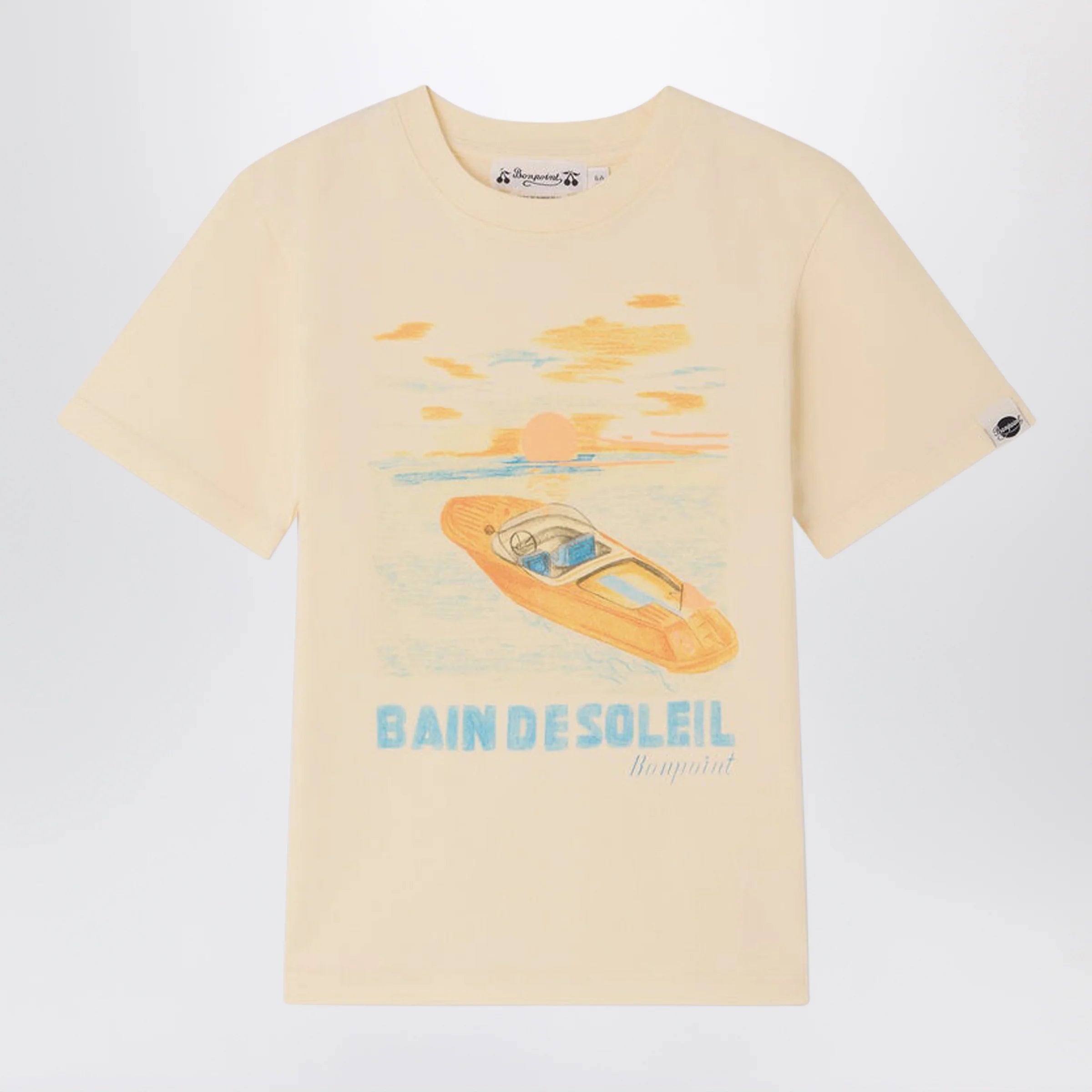 Bonpoint Thibald écru T-shirt with Bain de Soleil print