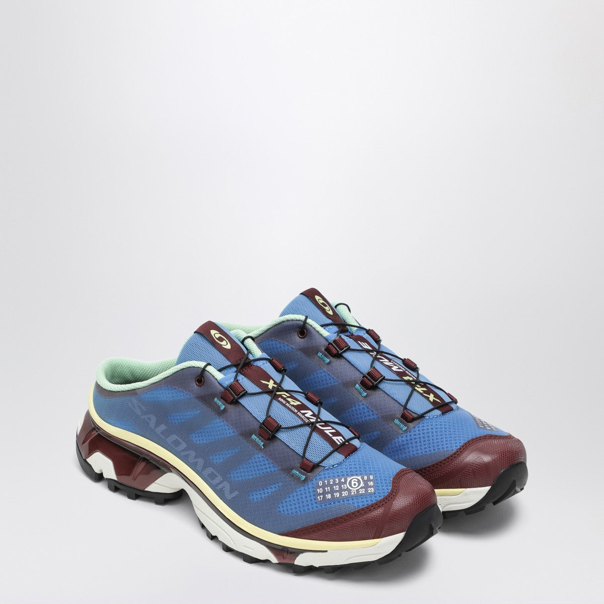 MM6 X Salomon Mule XT‑4 — Blue & Brown Textile Slip‑On