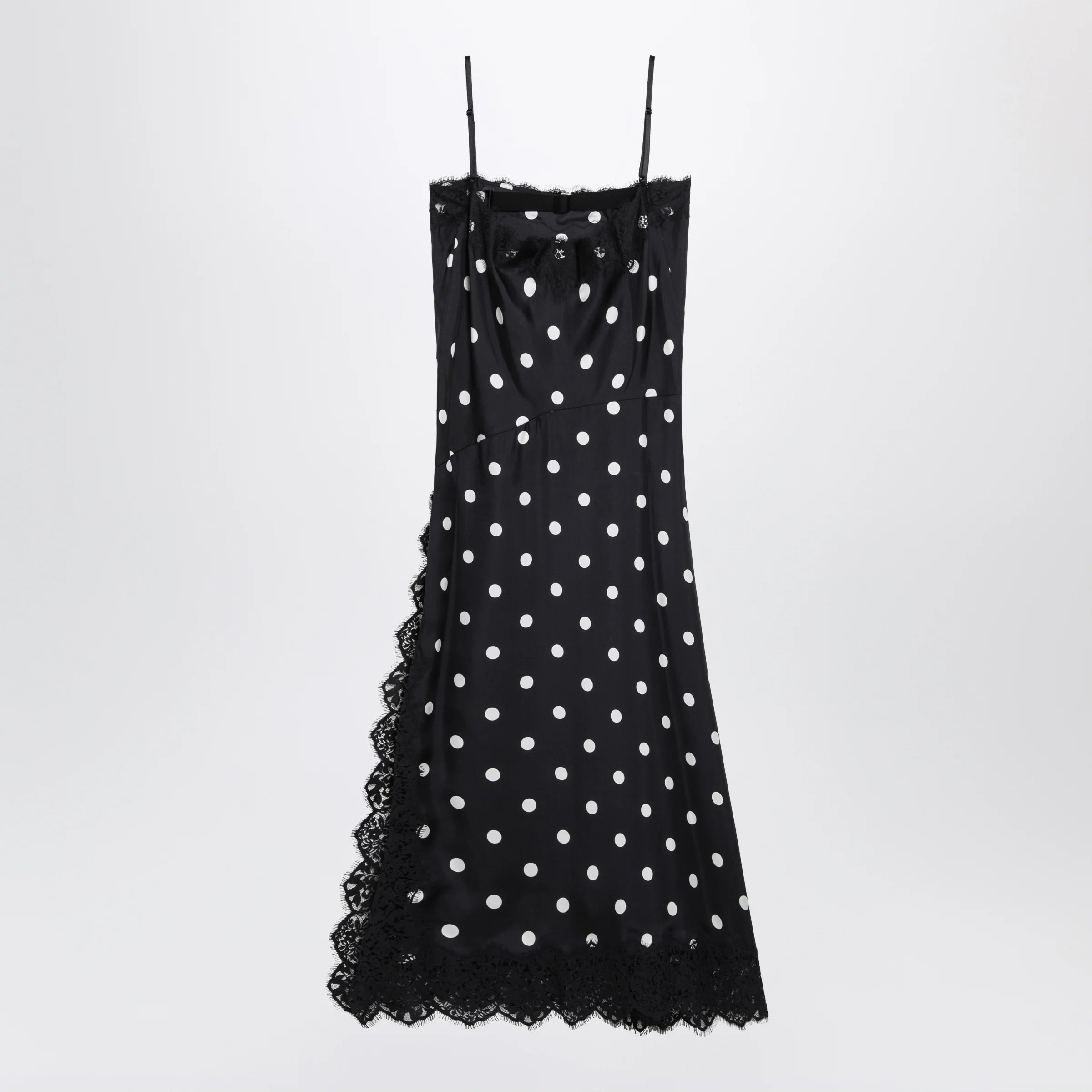 Sportmax Long polka-dot silk dress with lace in black
