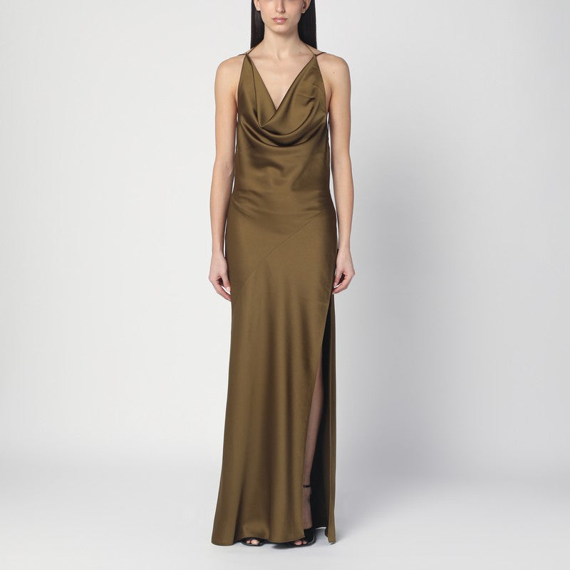 Kaki satin dress with open back — The Andamane