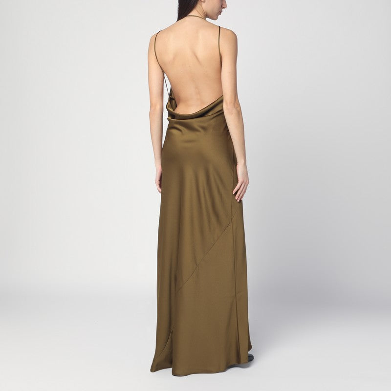 Kaki satin dress with open back — The Andamane