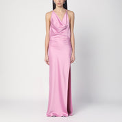 Andamane Pink Satin Dress — Open Back, Draped Neckline
